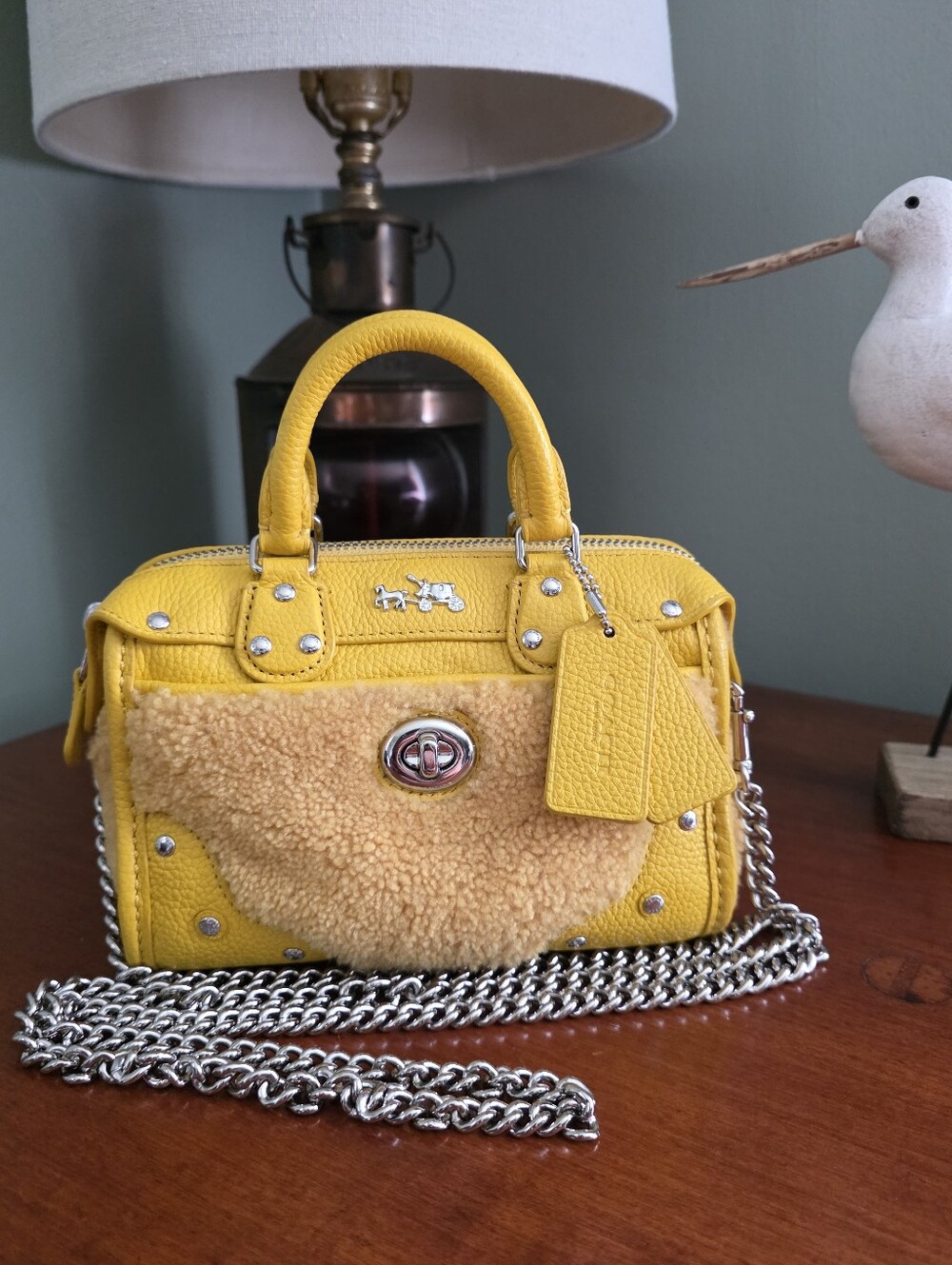 Coach Rhyder 18 36478 Banana Yellow Pebbled Leather Shearling Satchel Bag